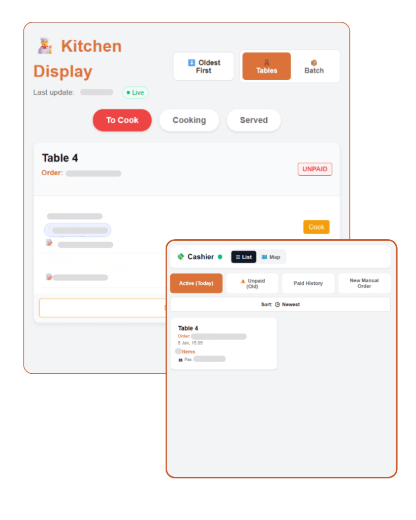 Clear order details sent directly to the kitchen and cashier system